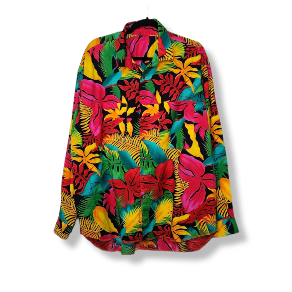 Vintage Neon Floral Hawaiian Button Pearl Snap Custom Handmade VTG